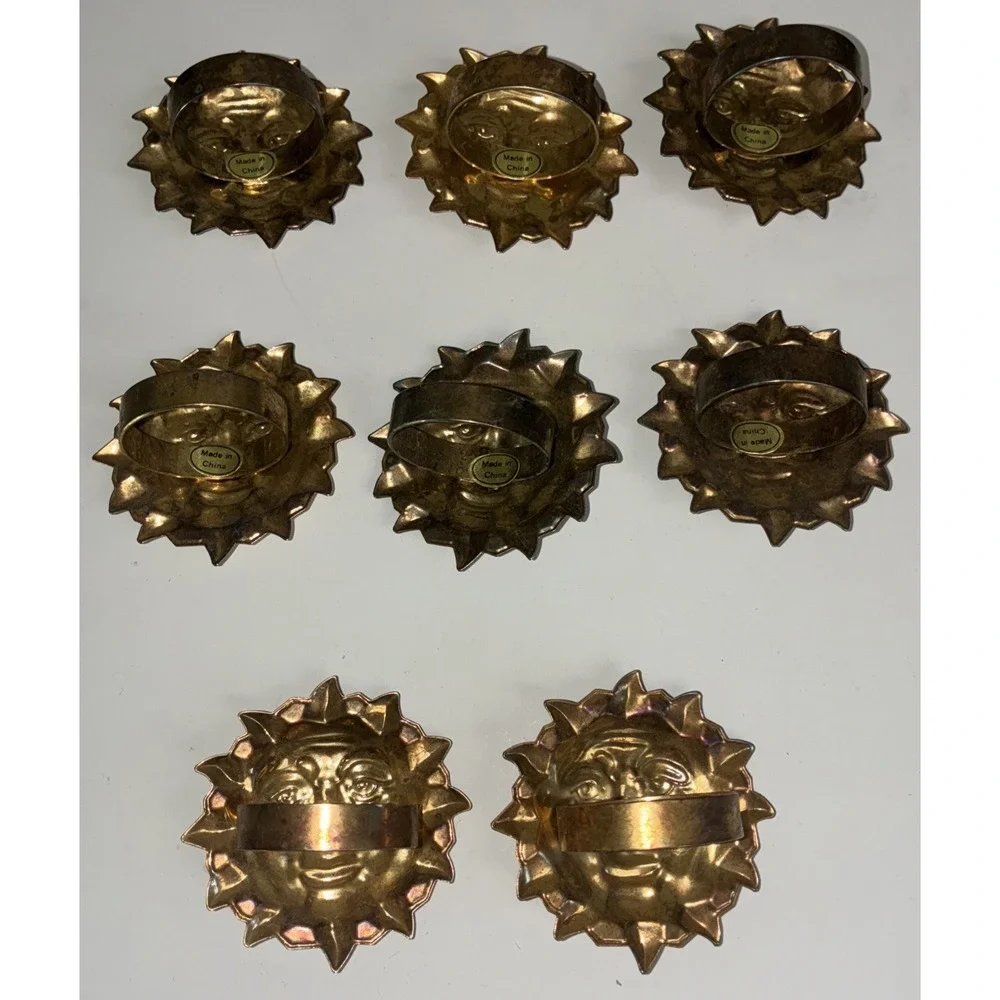 Napkin Rings Celestial Sun Face Brass‎ Tone Metal Set Of 8 Vintage